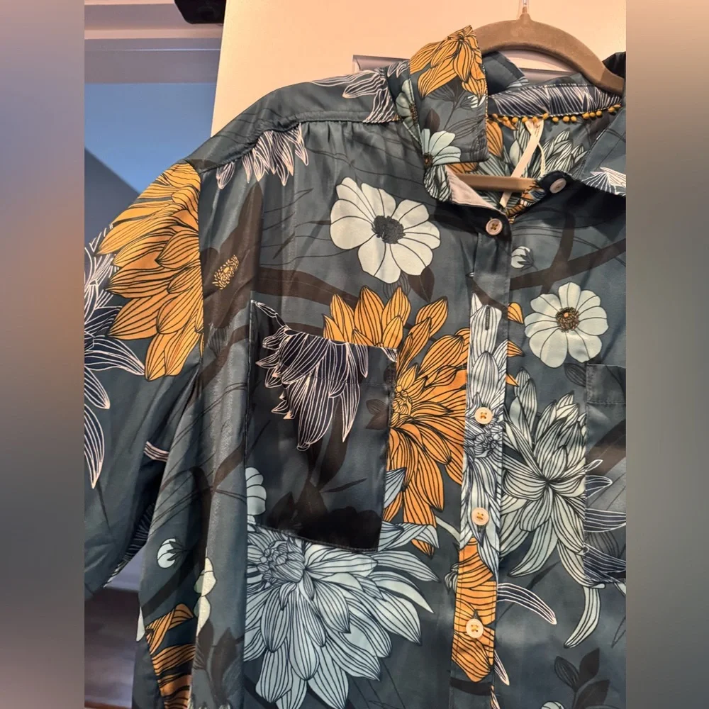 Anthropologie Briel Teal Floral Satin Button-Up Blouse with Mustard Accents XL - Picture 3 of 8